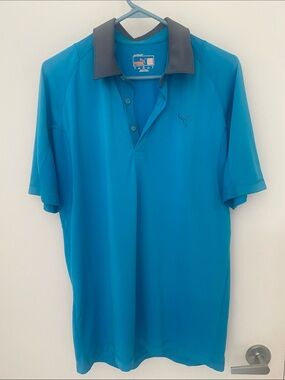Puma Men’s Aqua Blue Polo with Charcoal Collar Size Small